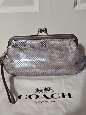 Coach NWOT Kisslock Iridescent Silver Sequin Wristlet Clutch
